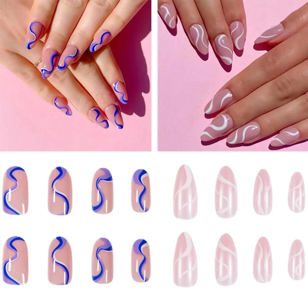 

24pcs blue white Wavy lines Detachable Long Ballerina False Nails With Design Wearable Fake Nails Full Cover Nail Tips