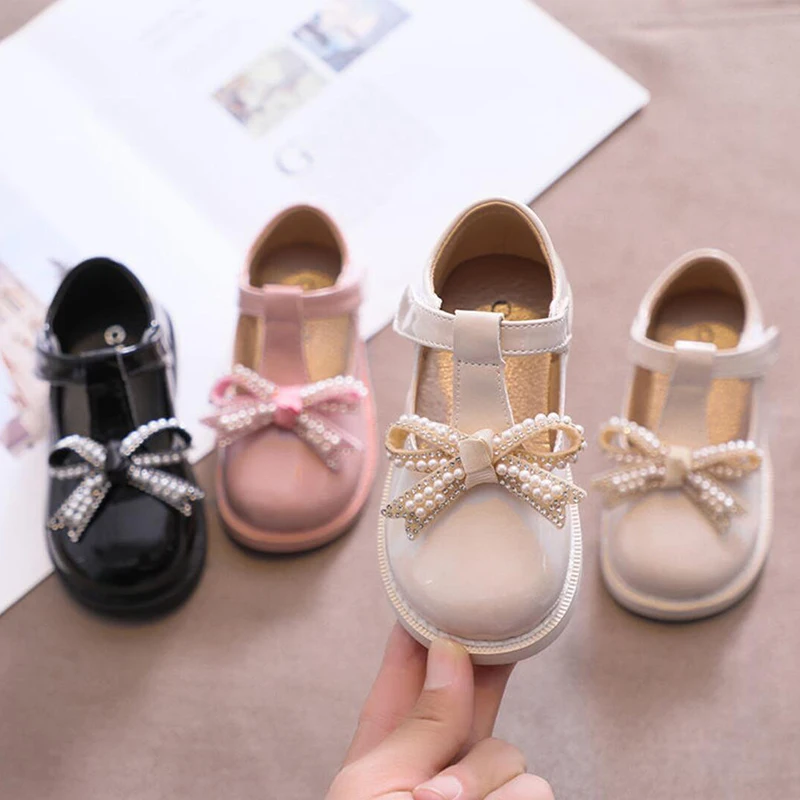 

Children Princess Patent Leather Shoes Little Girls Kids Baby Black White Pearls Designer Mary Janes Party Dance Shoes New 2022