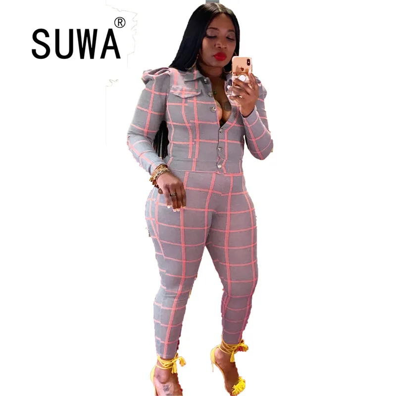 

Wholesale office ladies plaid print long sleeve shirt blouse + high waist skinny pants trousers work women clothing sets 2 piece