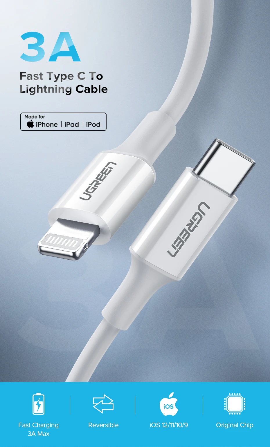 Ugreen MFI certified usb type c to lightning charging cable for iPhone xs xr 8 7 6s 5s 11 apple ipad fast charger PD cable short