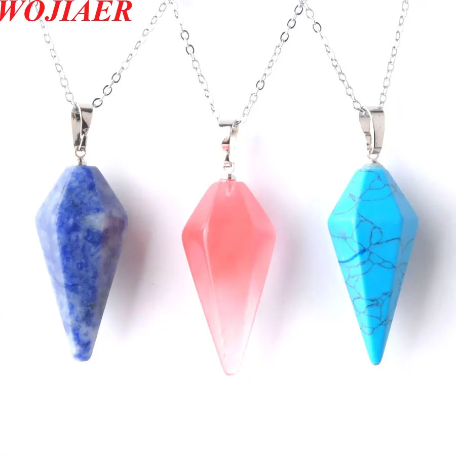 

WOJIAER Natural GemStones Pendant Hexagonal Pyramid Pointed Reiki Chakra Healing Beads Pink Purple Crystal BZ905