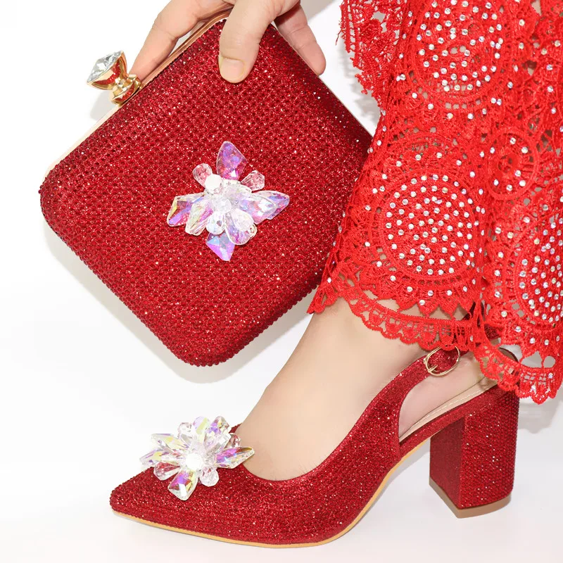 

Wonderful red women pumps match handbag with big crystal decoration african dress shoes and bag set V56882-1,heel 9CM