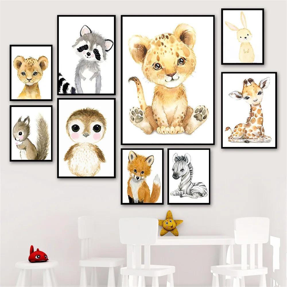 

Giraffe Elephant Rabbit Zebra Fox Tiger Squirrel Raccoon Watercolor Animal Wall Art Poster Cartoon Painting Baby Kids Room Decor