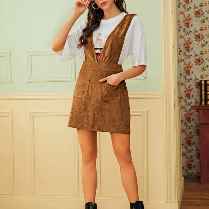 Fashion Casual Women High Waist Brace Dresses Solid Corduroy Above Knee Mini Dress School Costumes Outfits Party Female Girls | Женская