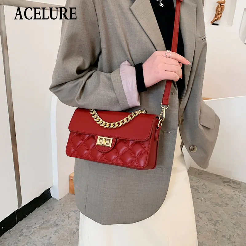 

ACELURE Metal Chain Vintage Fashion Shopping Bag Purse Flap Solid Color Diamond Lattice PU Leather Small Shoulder Bags for Women