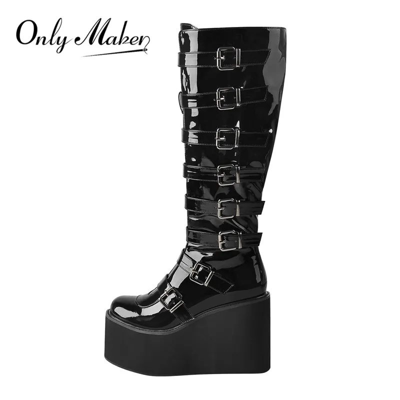 

Onlymaker Platform Round Toe Black Patent Leather Wedges Heels Side Zip Knee High Boots Big Size US5~US15