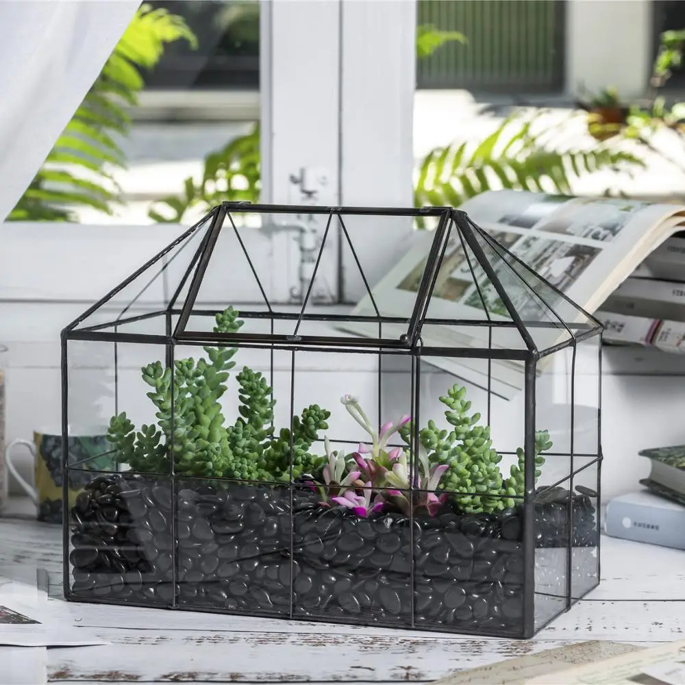 NCYP Glass Geometric Terrarium Tin-Sealed Brass Black House Shape Container with Grid and Swing Lid for Moss Succulents Cacti