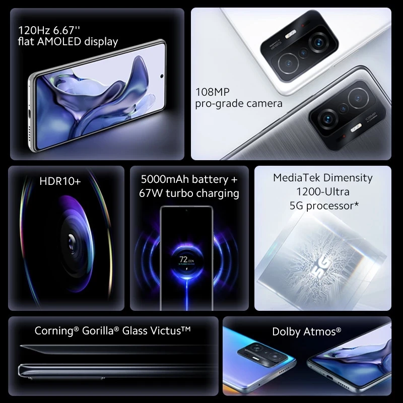 Tanie Wersja Globalna Xiaomi 11T Smartphone 128GB/256GB MediaTek Dimensity 1200-Ultra Octa Core 108MP Kamera 5000mAh NFC 67W ładowanie