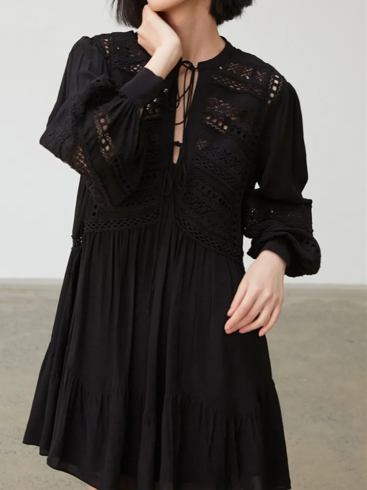 

Women Ruffles Dress Lace Hollow Out Long Sleeve Lace-Up Mini Dress 2021 Spring Summer Ladies Short Robe