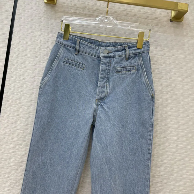 Женские джинсовые брюки синие с высокой талией прямые отворотом мультяшной