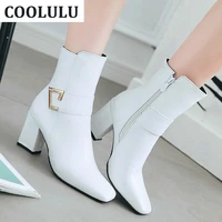 coolulu 2022 square toe gogo boots white chunky high heel winter ankle boots for women block high heel zipper women shoes boot