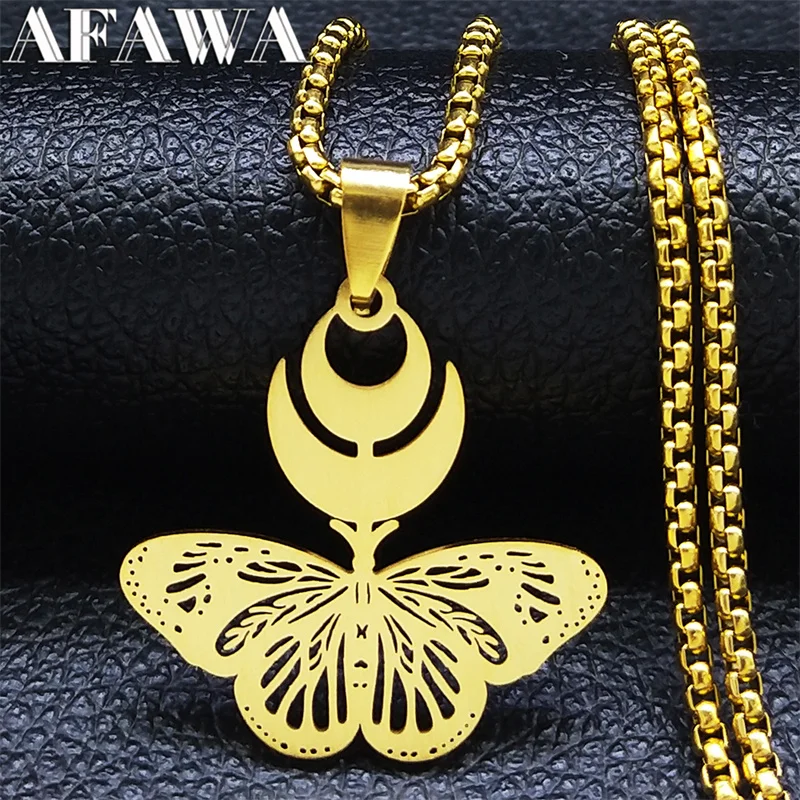 

Witchcraft Moon Butterfly Stainless Steel Long Necklace Women/Men Statement Necklace Jewelry acier inoxydable bijoux N7049S02