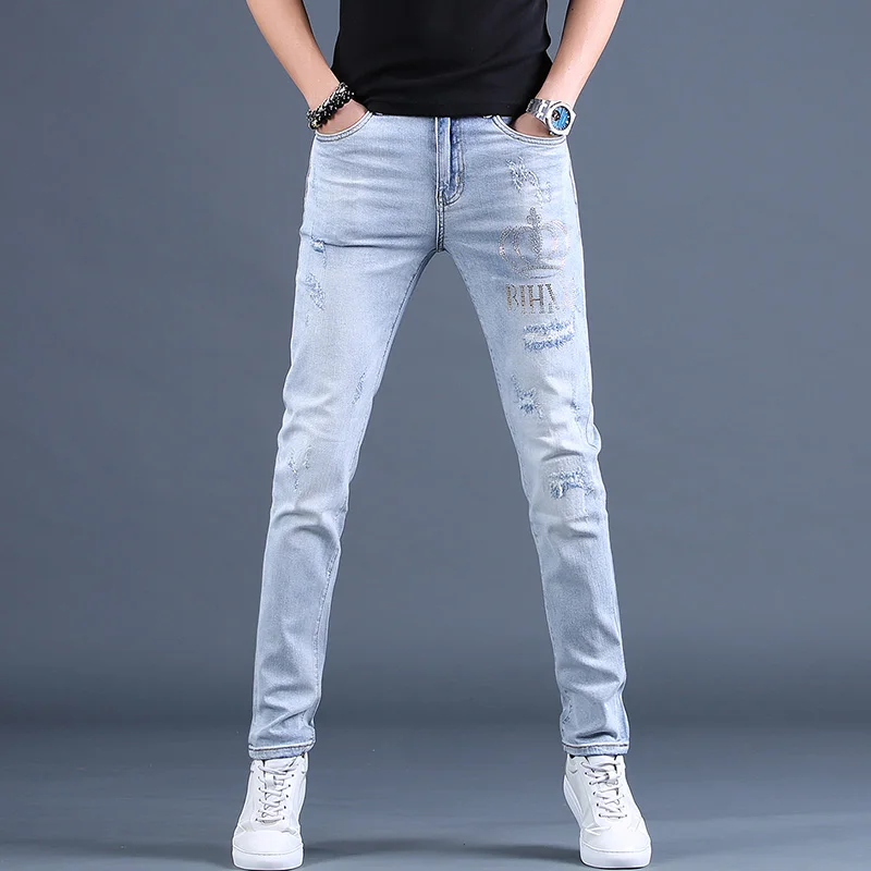 Summer Men Light Blue Ripped Jeans Fashion Rhinestones Slim Fit Pants Streetwear Casual Denim Trousers