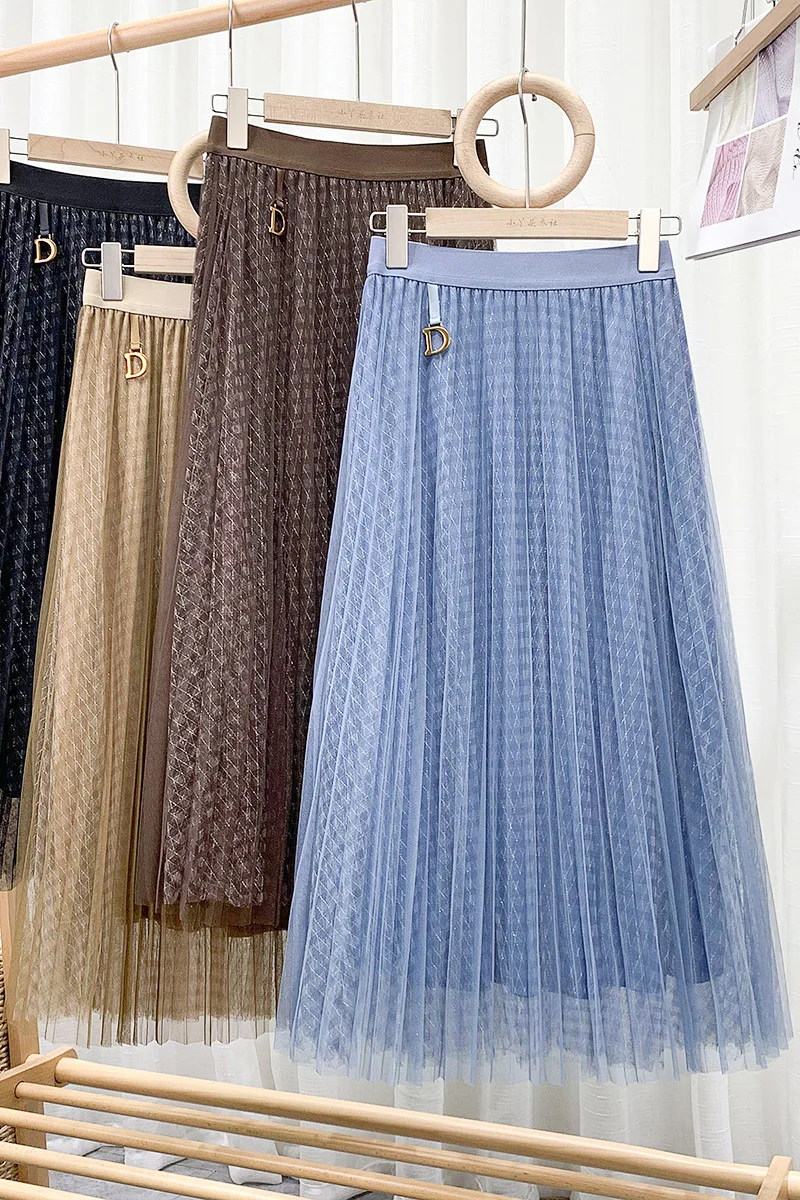 

Mid-Length Plaid A-Line Gauze Skirt Spring New High-Waisted Large-Length Solid-Color Double-Layer Mesh Skirt Female 599