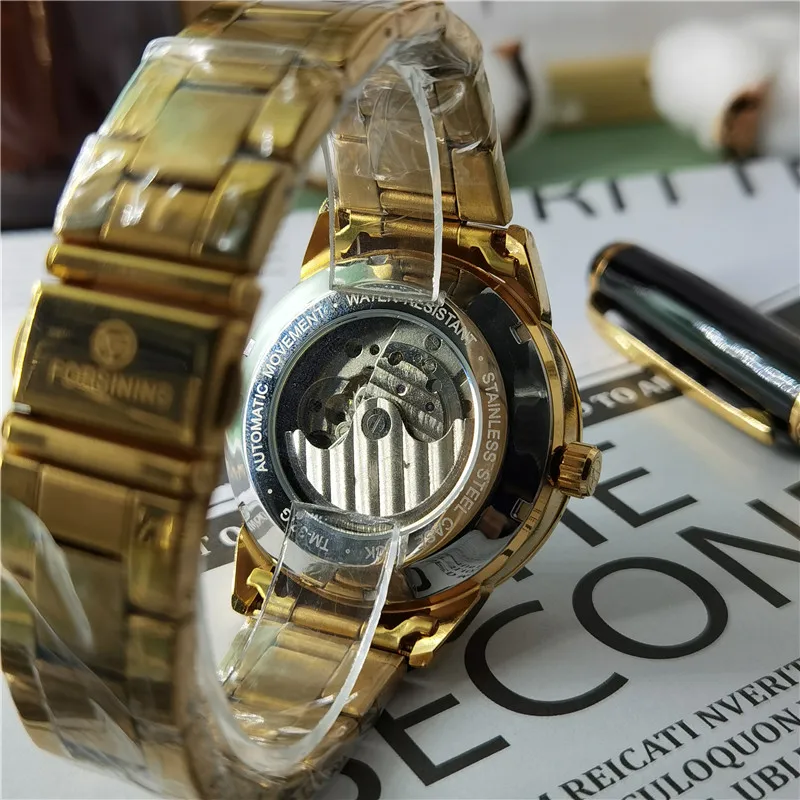 Forsining Марка Для мужчин механические часы Tourbillon Moonphase золотые Сталь Наручные Relogio
