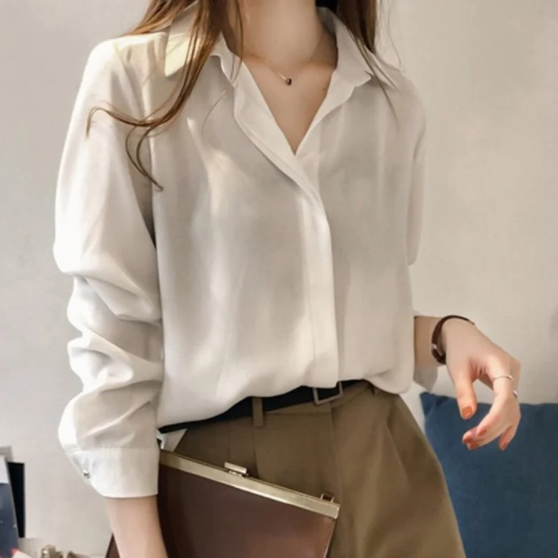 

Autumn New Korean Style Pure Color Chiffon Shirt Women's Long Sleeve Top Fashion Shirt Women Buttoned Clothing
