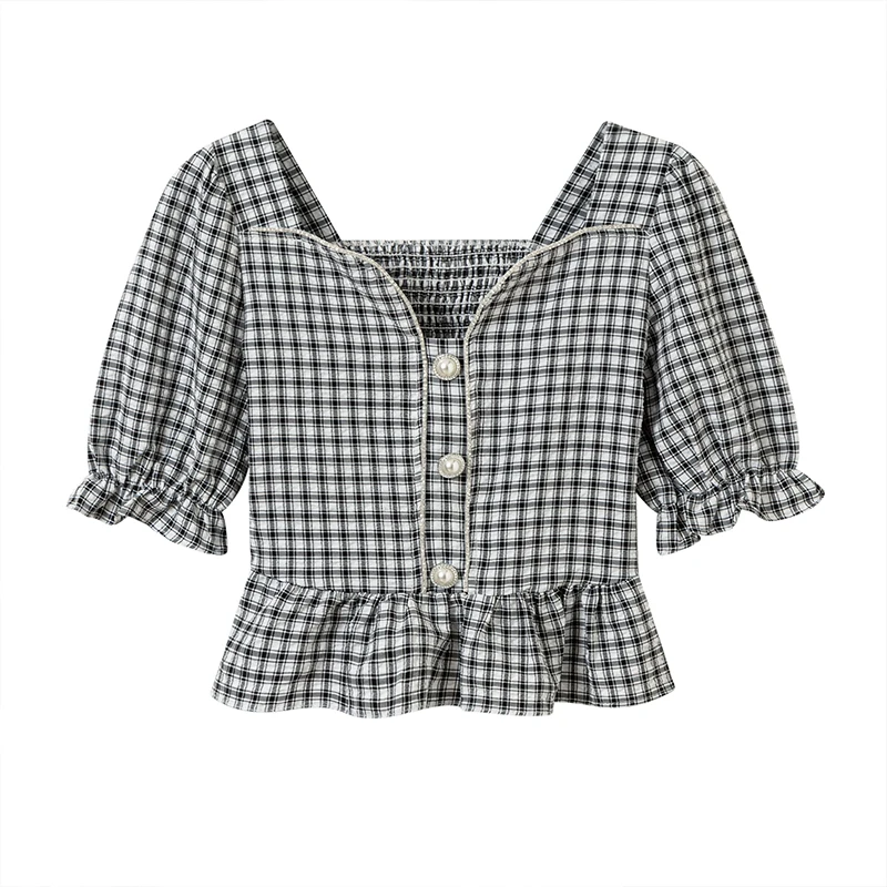 

Elegant V-neck Puff Sleeve Women Blouses Fashion Blue Plaid Ruffle Summer Short Tops Korean Office Lady Blouse