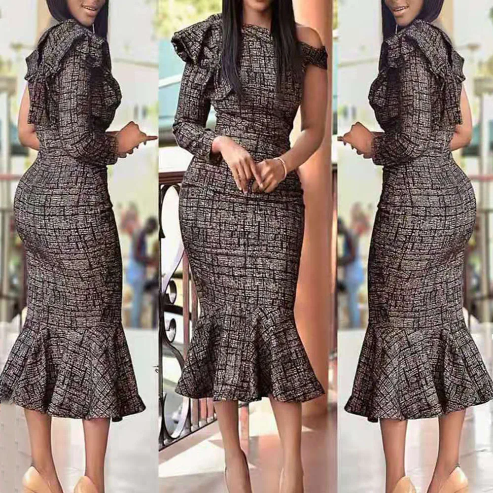 Элегантное клетчатое платье в стиле русалки на одно плечо модное осеннее