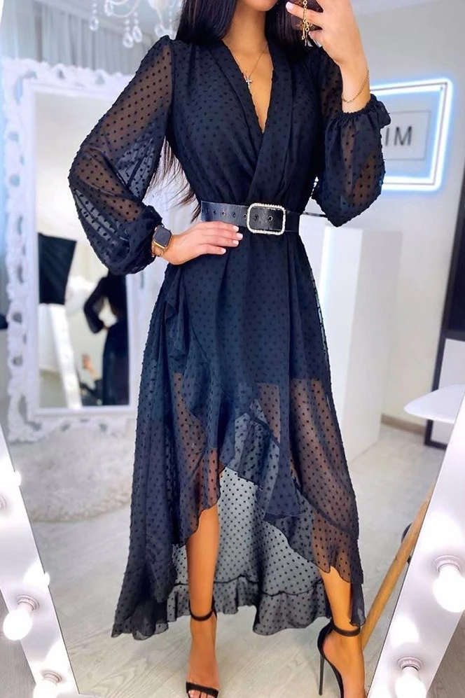 

2021 Summer women's new clothes Swiss Dot mesh ruffles wrap dresshigh quality