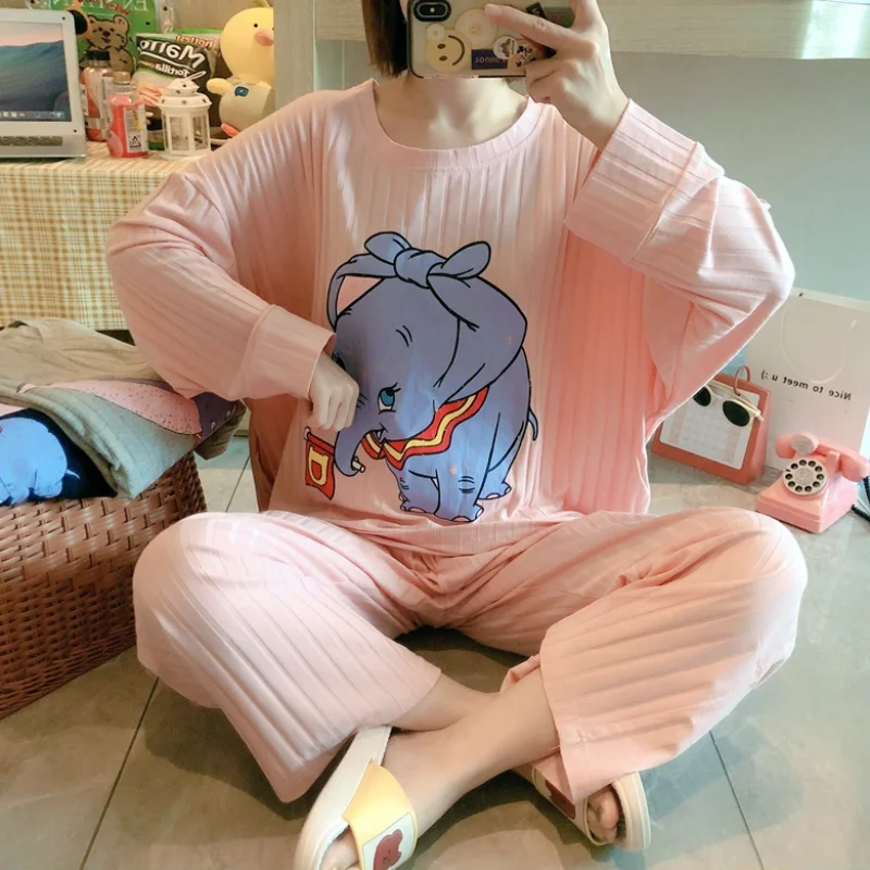 Disney Dumbo Cute Pijama Ladies Pajama Set Fashion Striped Sleepwear Home Suits Loose Soft Homewear Top and Sheer Pants Suit
