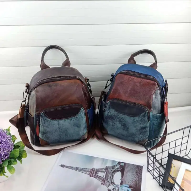 

Panelled Vintage Genuine Leather Mini Backpack 2021 New Leisure Color Stitching Women Travel Backpack Random Color
