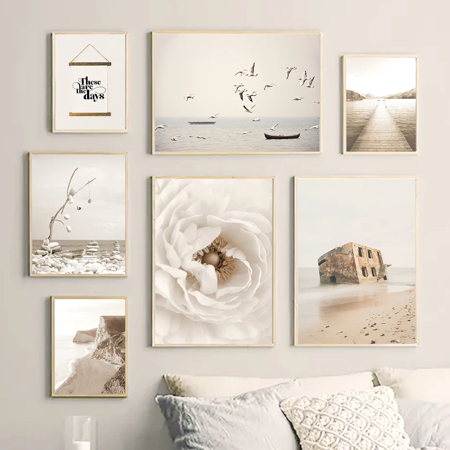 

Nostalgic Landscape Records Poster Wall Art Canvas Painting Abandoned Buildings Seagull Boats Print Modern Home Decor Picture