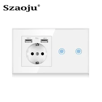 szaoju touch sensor switch with eu power usb socket crystal glass panel white black gold wall socket with light switch 123gang