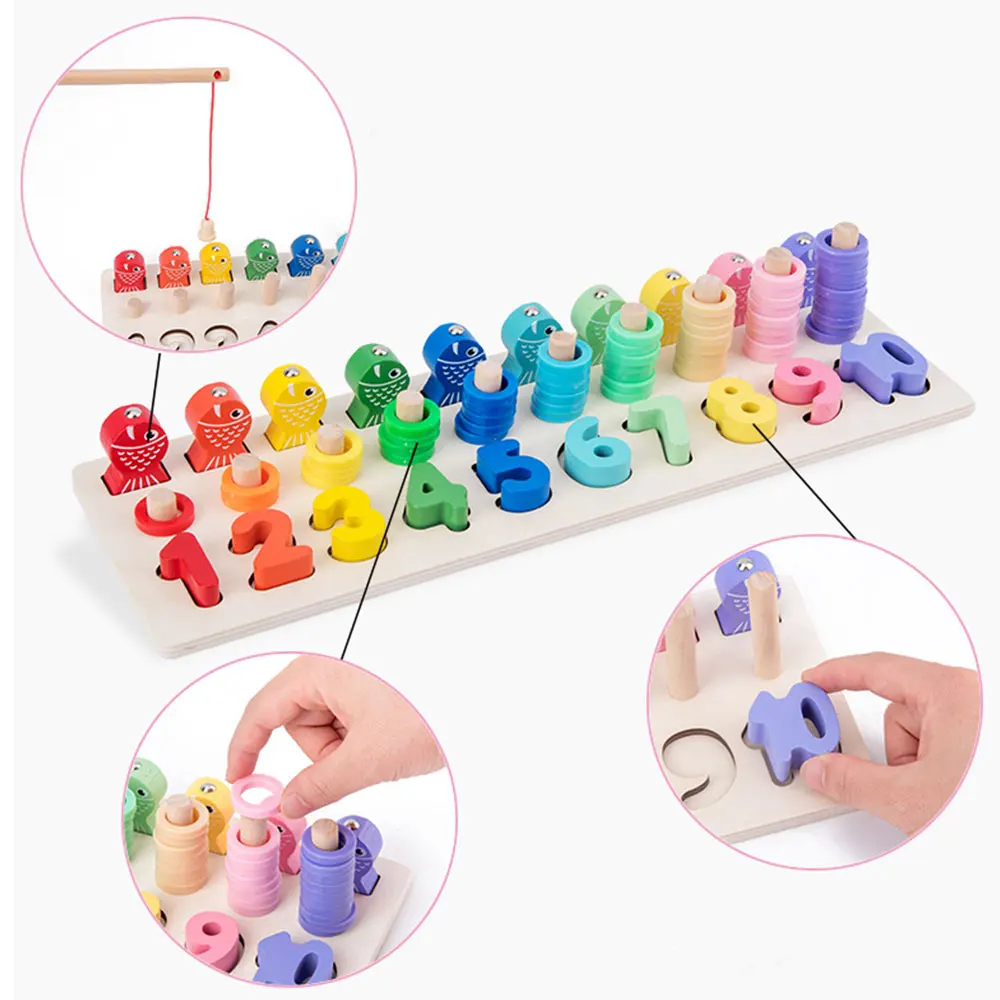 Child Wooden Digital Computing Building Shape Matching Cognitive 3-in-one Hands-on ability magnetic Fishing Log Board Puzzle Toy | Игрушки и