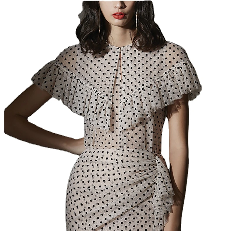 French Retro Polka Dot Small Polka Dot Skirt Suit Female Black and White with Two-piece Dress  Dress Impreso Floral Saten
