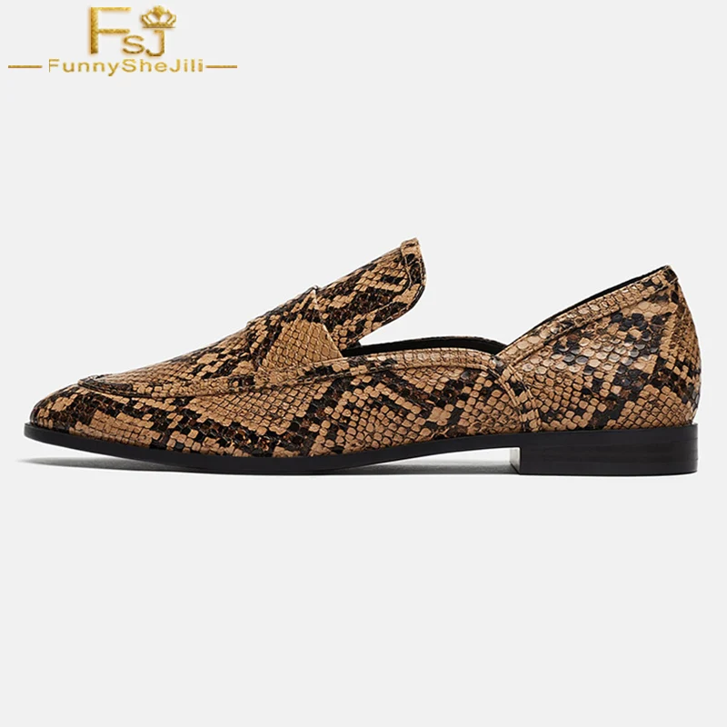 Лоферы с принтом питона коричневые кожаные туфли на плоской подошве