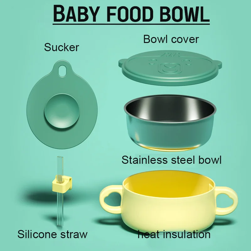 Silicone Stainless Steel Sucker Bowl with Lid Straw Handle Solid Soup Food Self Feeding for Baby Kids Children Creative Gift | Мать и