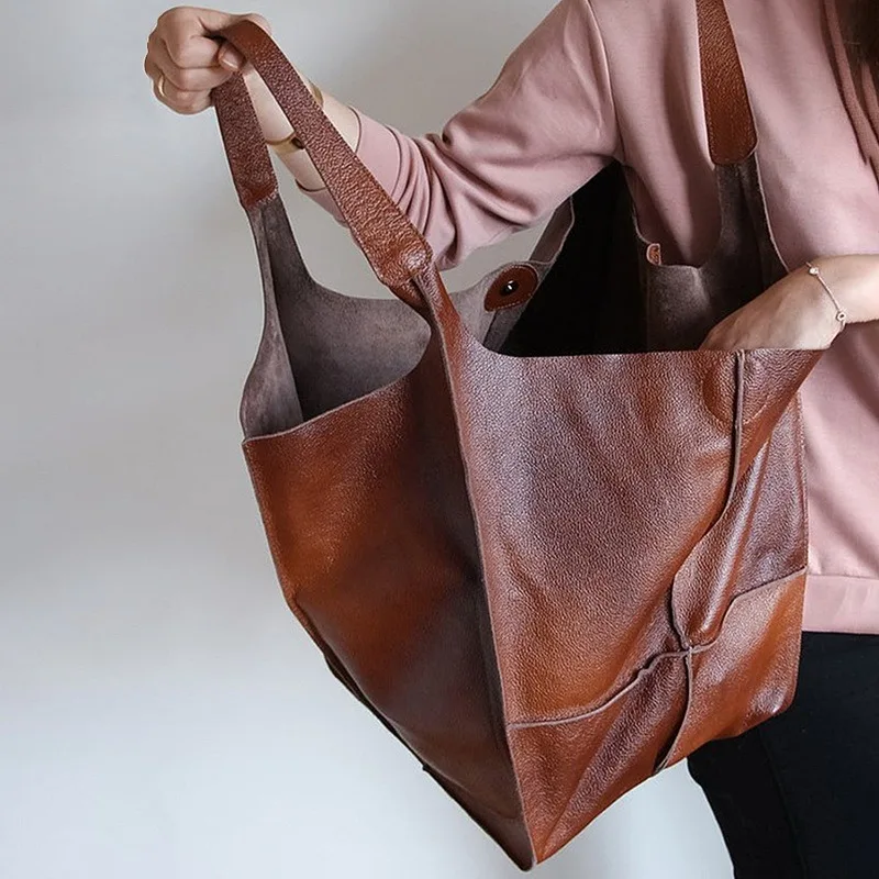 

Casual Soft Large Capacity Tote Women Handbags Designer Aged Metal Look Luxury Pu Leather Shoulder Bag Retro Big Shopper Purses
