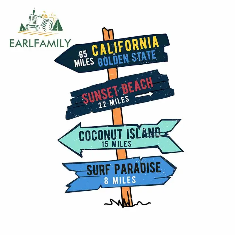 

EARLFAMILY 13cm x 9.5cm for Vintage Surf Road Sign RV California Car Sticker Anime VAN Decal Trunk Scratch-Proof Car Assessoires