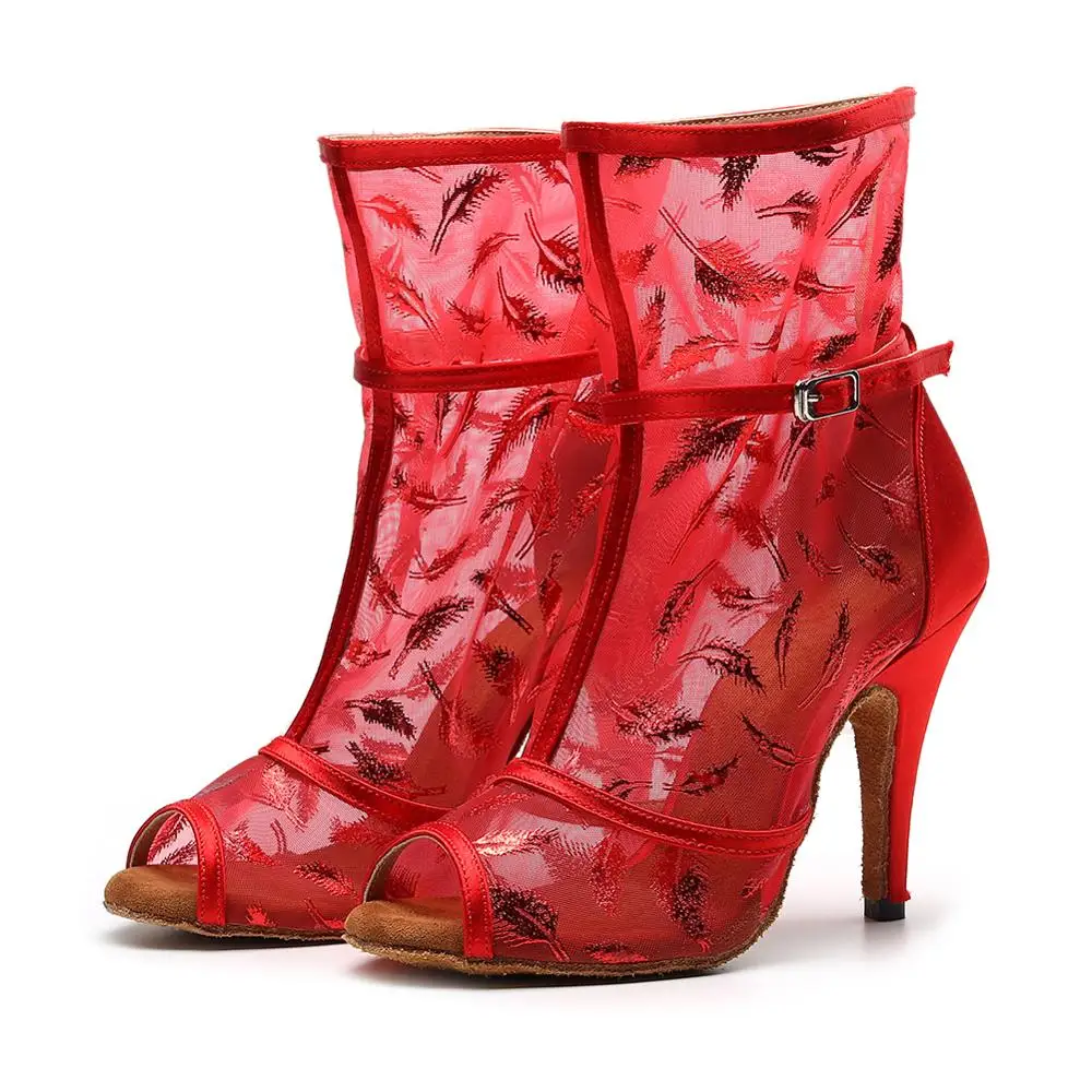 DKZSYIM/женская танцевальная обувь для латинских танцев Красная сетка + перья с