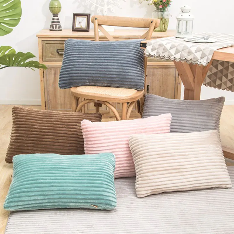 

1PC 30x50cm Zippered Corduroy Lumbar Cushion Cover Flannel Fleece Pillow Case Stripes Rectangular Pillowcase Sofa Couch