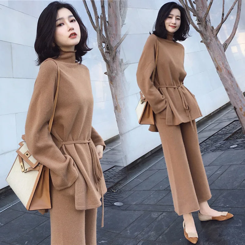 

Autumn and winter dress in same street snap temperament wide-legged pants knit two-piece fashion spot