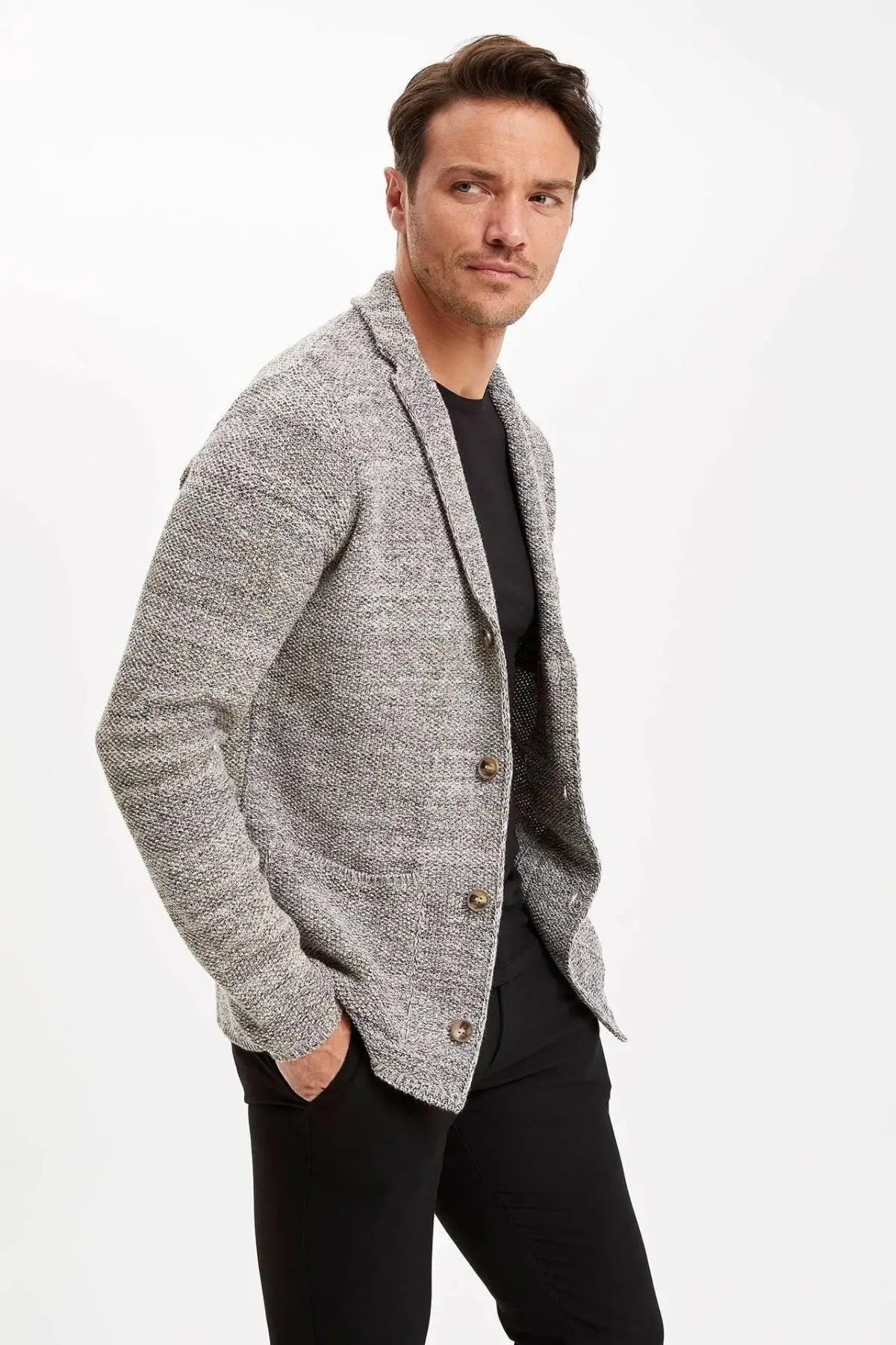 DeFacto мужские Модные Однотонные кардиганы с отворотом повседневные Простые на