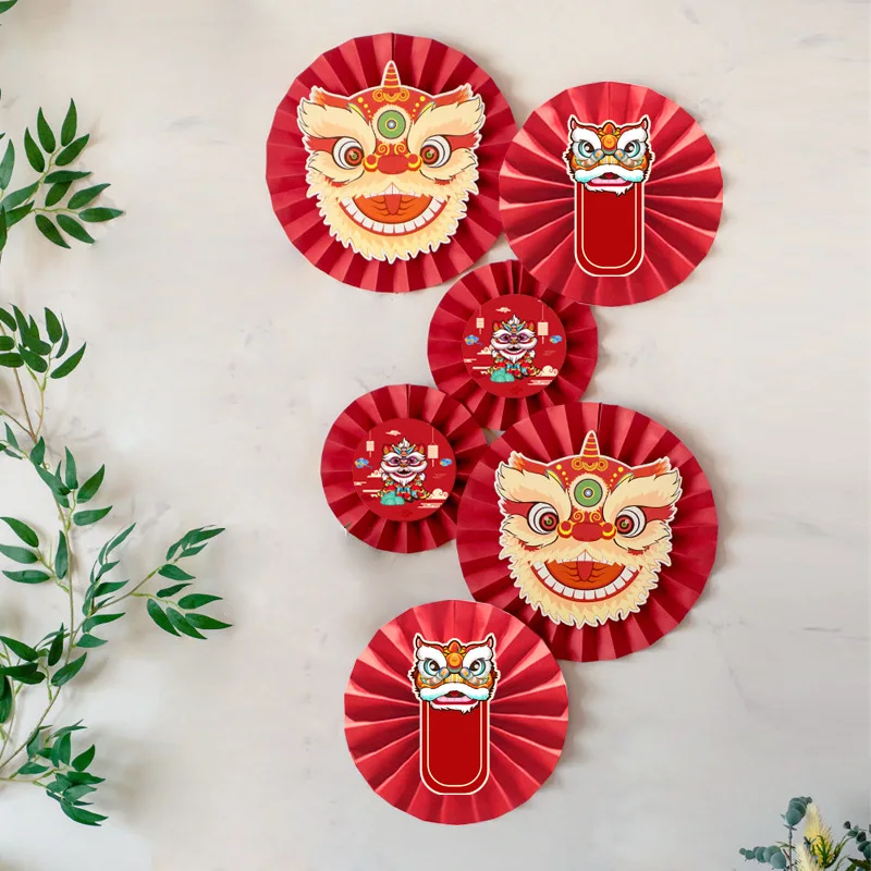 

Chinese New Year Decoration 2022 Tiger Lion Dance Background Wall New Year Party Decoration Paper Fan Flower Pendant