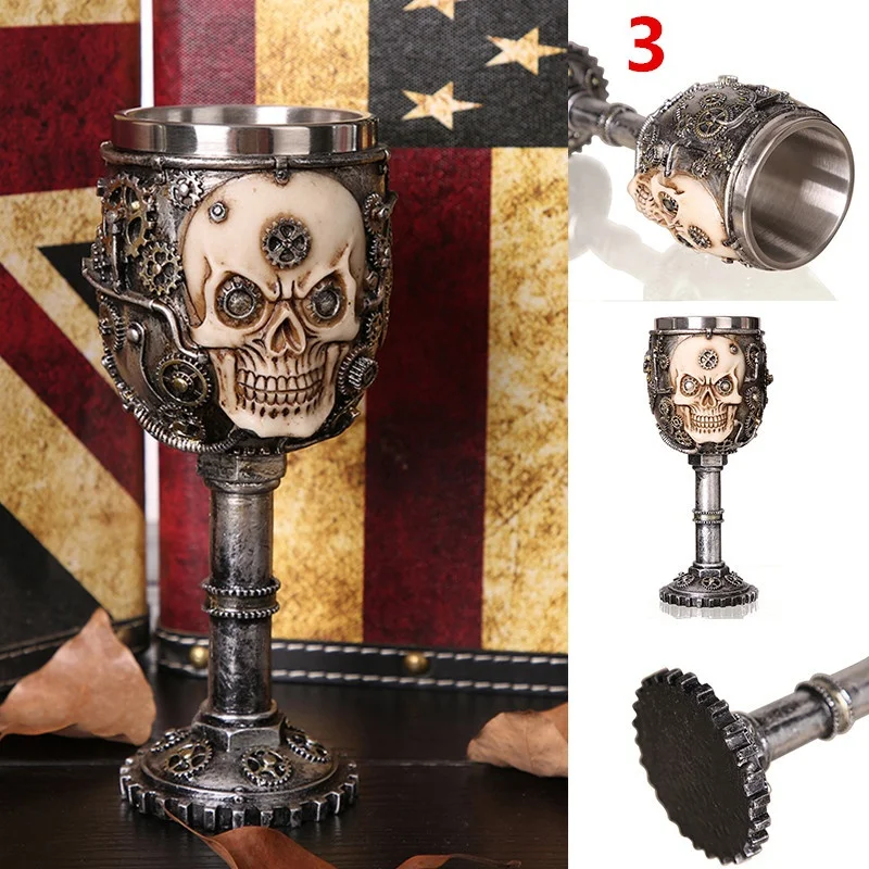 

3D Gothic Skull Cup Stainless Steel Resin Fly Dragon Skeleton Design for Bar Party Home Wine Goblet Cups Halloween Gifts