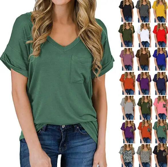 

24 Women's 2021 Spring/Summer V-neck pocket T-shirt side short-sleeved loose top Q8JD22-01-36
