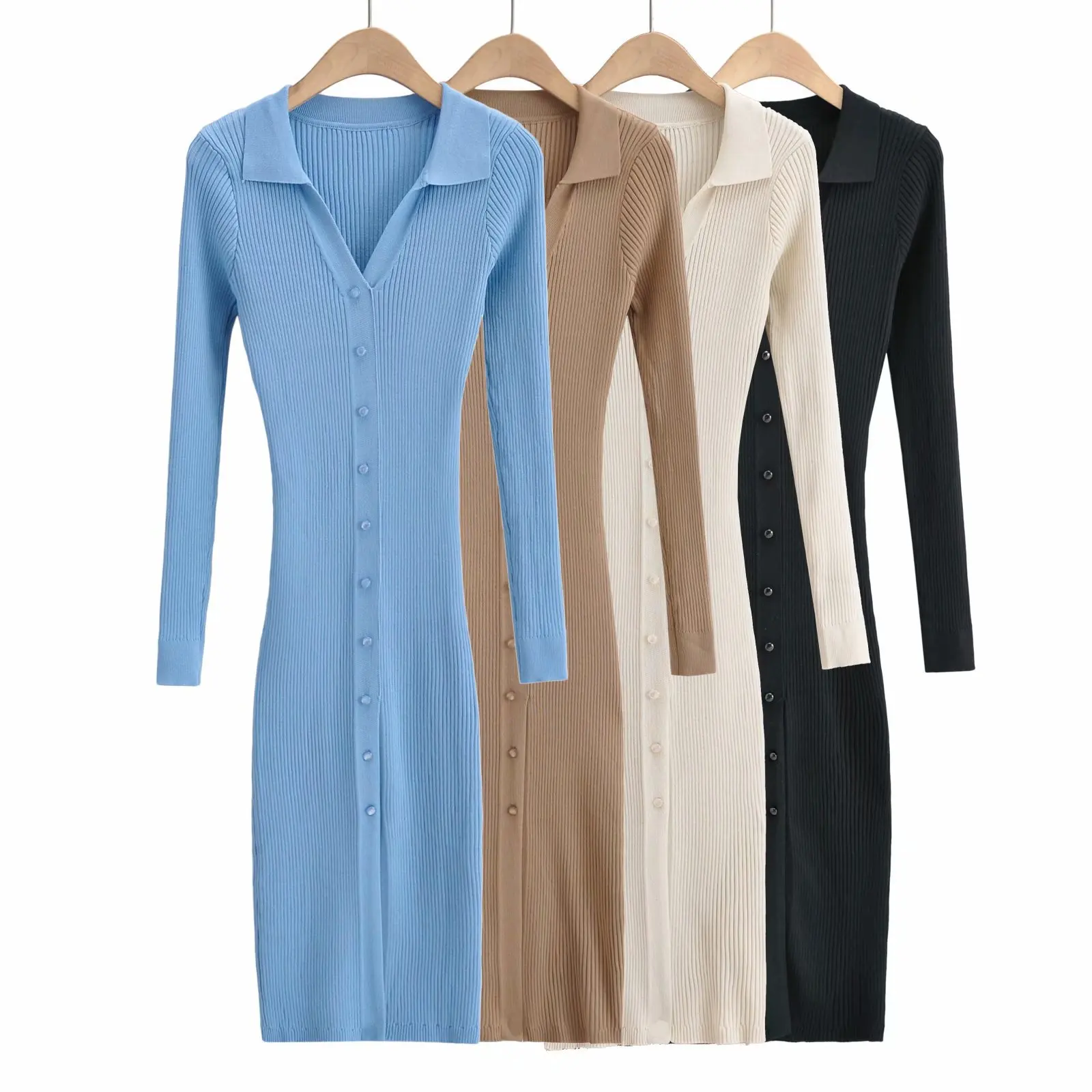 

Новинка Осень-зима 2021 женское вязаное платье-поло в Корейском стиле на пуговицах с V-образным вырезом и длинными рукавами юбка средней длины...