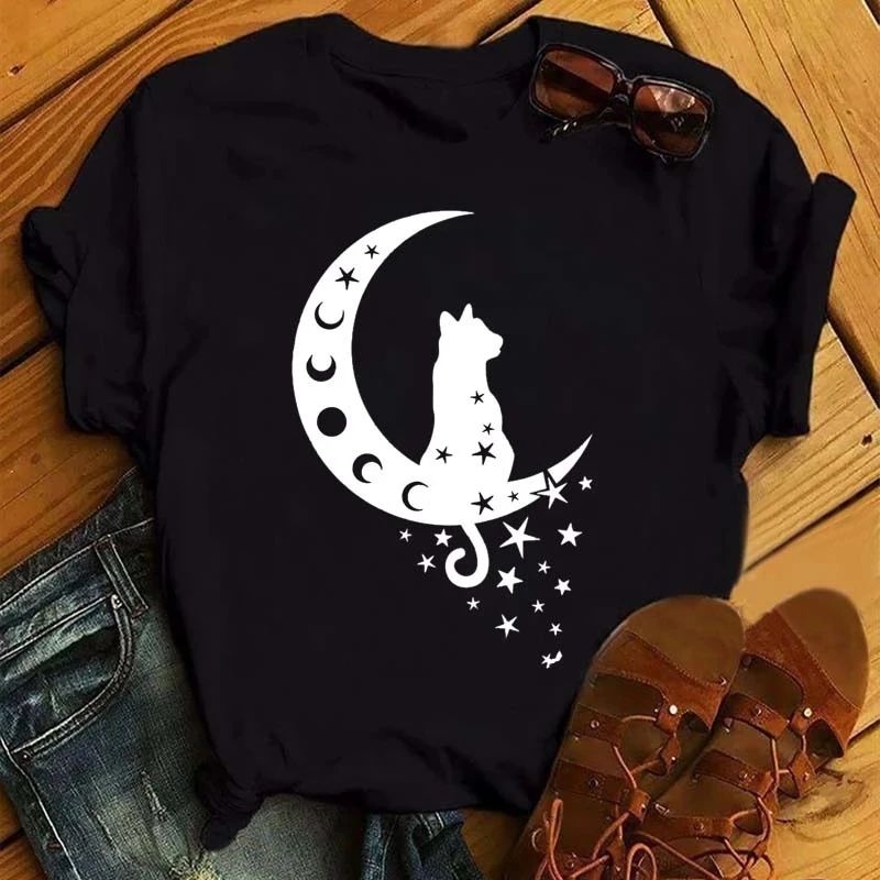 

ZOGANKIN New T-Shirt Kawaii Moon Cat Print Women T Shirt Casual Women Tshirt Female Short Sleeve Tees Summer Mujer Tops Tees