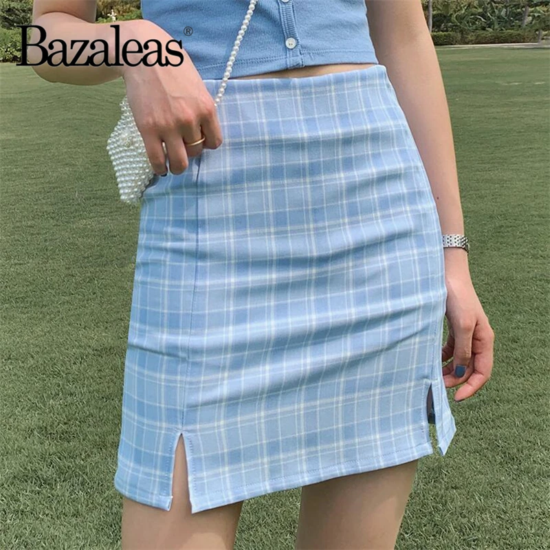 Bazaleas уличная клетчатая Женская трапециевидная юбка harajuku в клетку светло-голубые
