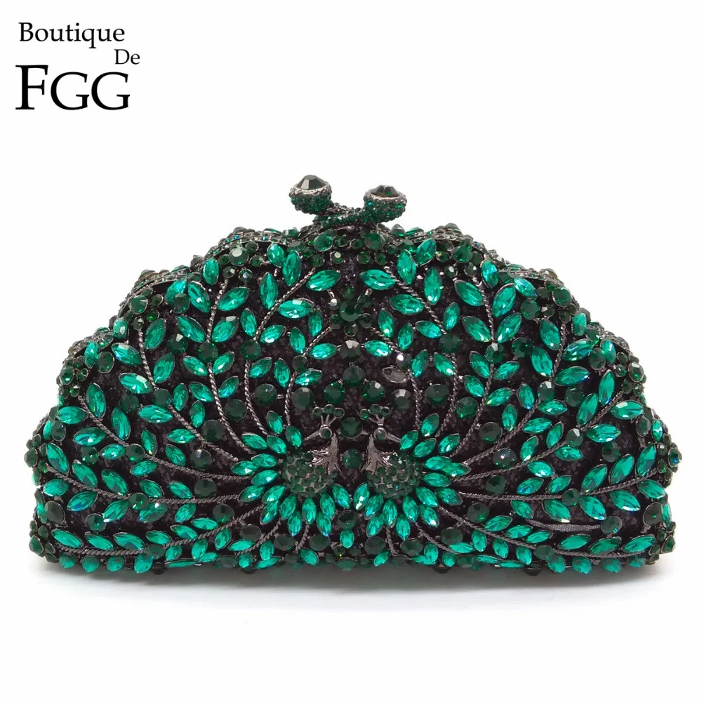 Женский клатч с кристаллами Boutique De FGG зеленый павлином для свадьбы коктейльной