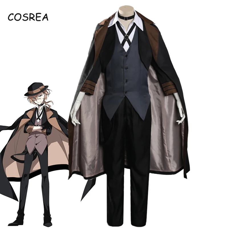 Аниме косплей костюм портовой мафии Чуя Накахары из манги "Bungou Stray Dogs" - рубашка, брюки, тренч, шляпа и парик.