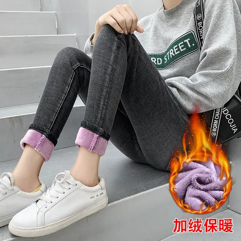 Зимние женские джинсы с высокой талией узкие теплые облегающие для женщин