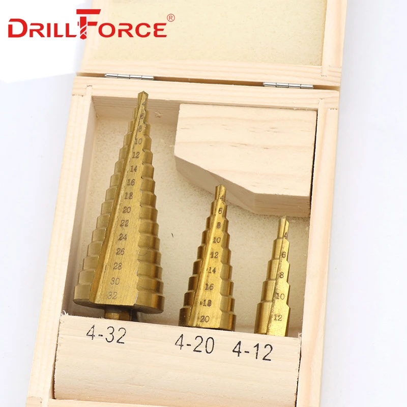 Drillforce 3 шт. большой шаг конус HSS Сталь Титан спираль рифленые Шаг сверло набор дыра резак инструмент для резки на возраст от 4 до 12 лет/20/32 мм+ деревянная коробка
