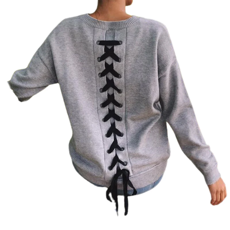 Женская толстовка с длинным рукавом круглым вырезом и шнуровкой сзади Модный