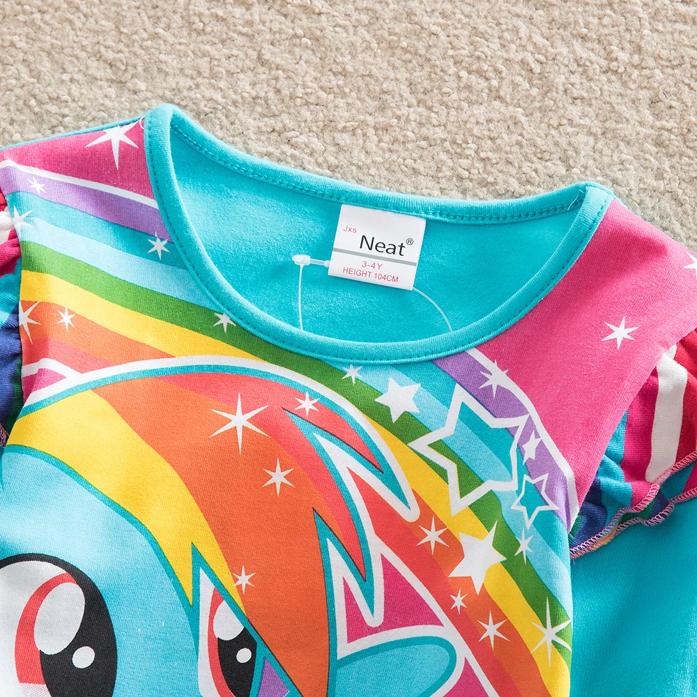 JUXINSU My Baby Girls Little Pony Cartoon Girl Rainbow Long Sleeve Dresses Pony Casual Dress Autumn Winter Home Wear 1-8 Years