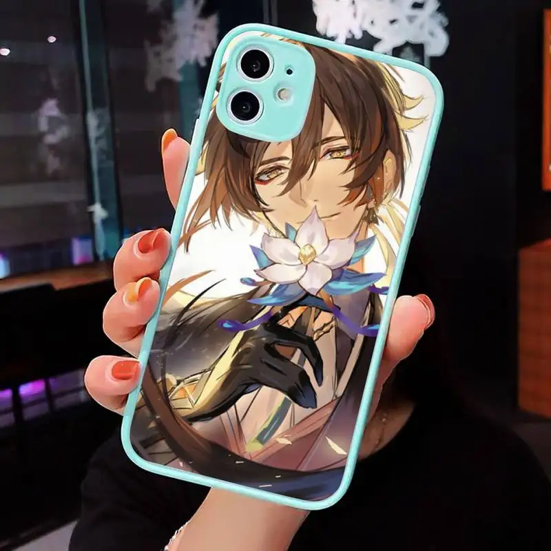 

Genshin impact zhongli Phone Case For iPhone 12 11 Mini Pro XR XS Max 7 8 Plus X Matte transparent blue Back Cover